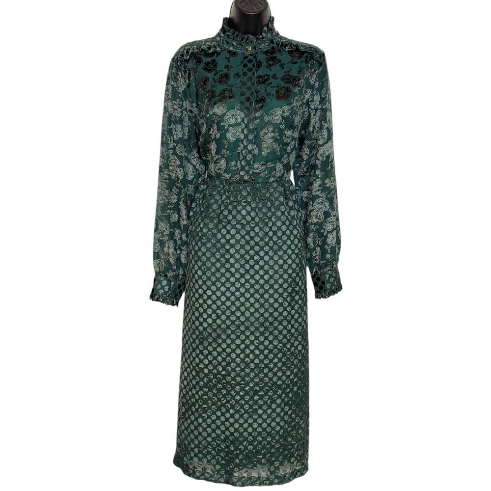 Emily Lovelock Dark Green Velvet Burnout Polka Dot Mixed Print Midi Dress 6 8 M